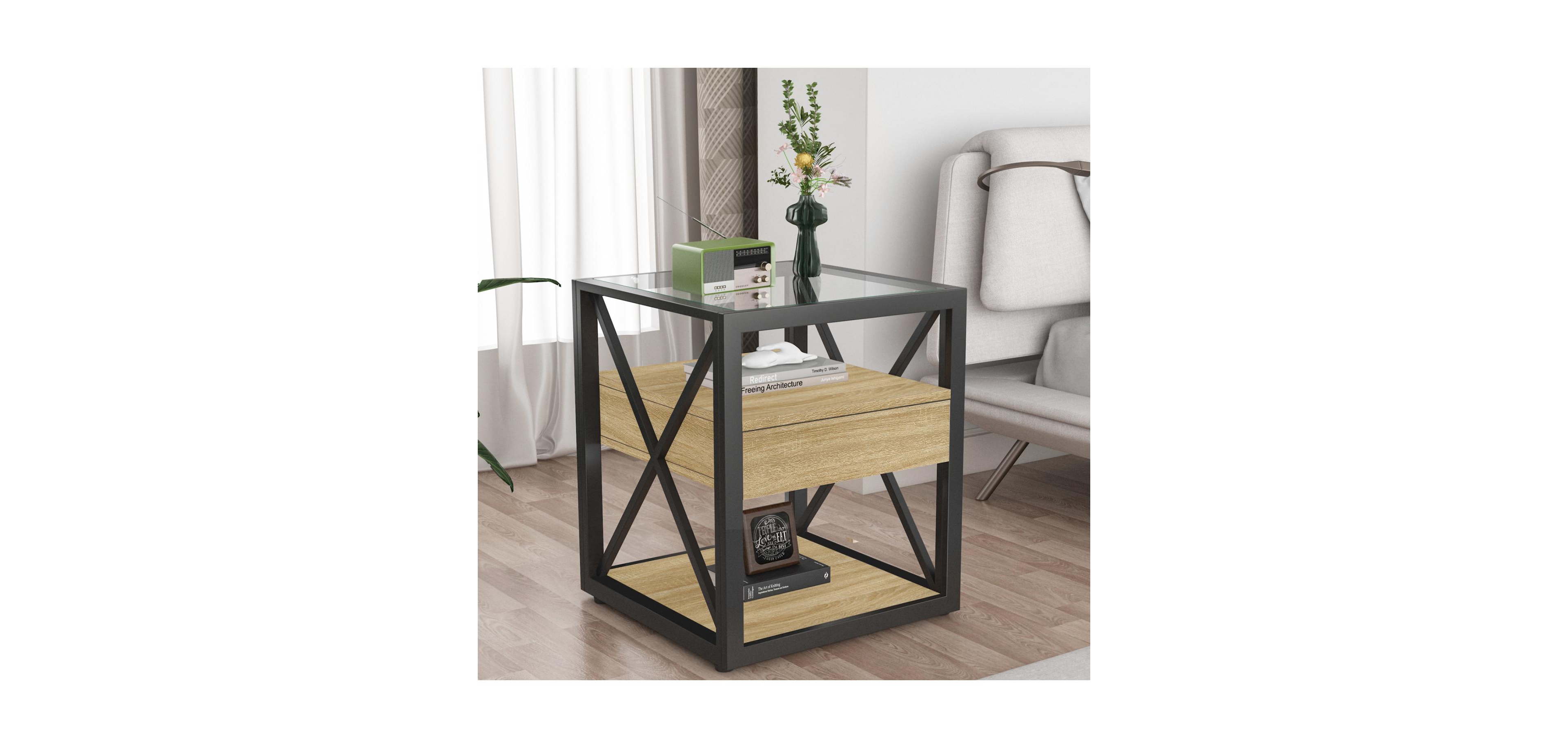 Streamdale Furniture Modern End Table with Drawer - Natural Wood and Glass