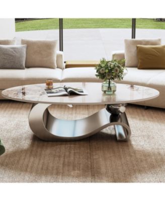 49" Faux Marble Oval Coffee Table, Steel Base