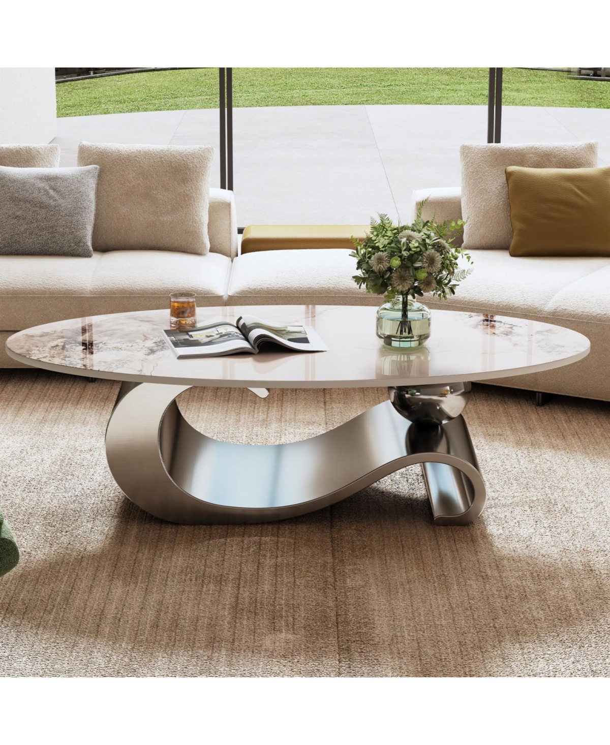 Streamdale Furniture 49" Faux Marble Oval Coffee Table, Steel Base