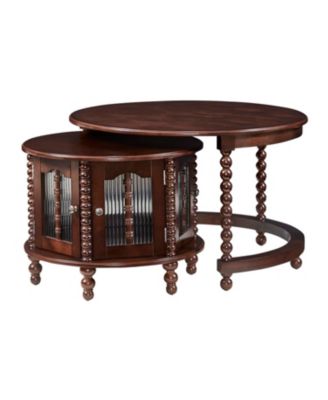 Vintage Round Nesting Coffee Table, Bamboo Glass Doors, Beaded Legs, Walnut, 31.5"