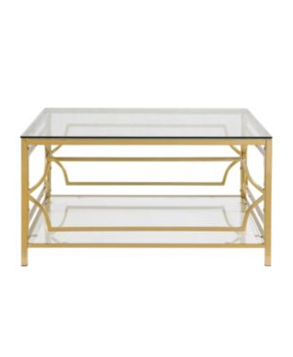  Square Glass Coffee Table, Gold Geometric Frame, Lower Shelf