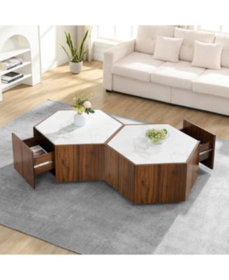 Rustic Hexagonal Coffee Table, Drawers, Marble Top, Light Oak