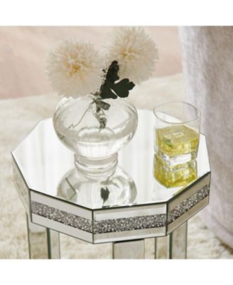 Mirrored Octagon End Table with Crystals, 2-Tier Silver Accent Table