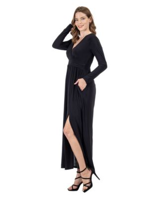 Women's Long Sleeve V-Neck Side Slit Maxi Dress