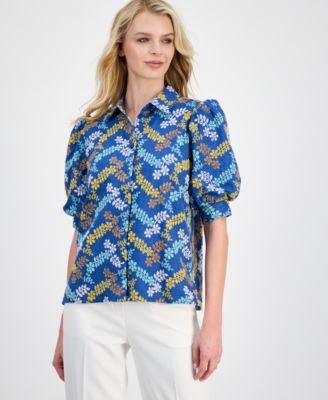 Women's Embroidered Puff-Sleeve Button-Front Blouse