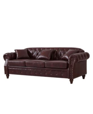 85.8" Chesterfield Sofa - Tufted Faux Leather PU - Burgundy
