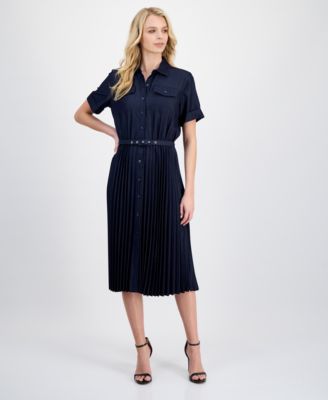 Women's Belted Button-Front Midi Dress
