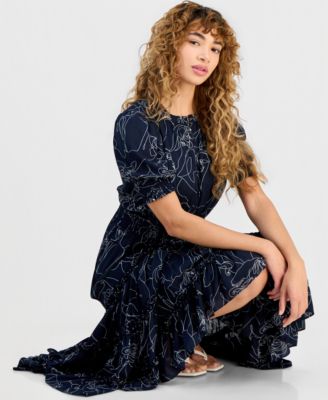 Women's Floral-Print Smocked-Waist Elbow-Sleeve Dress
