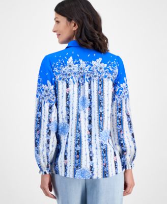 Women's Placed-Floral Button-Down Blouse