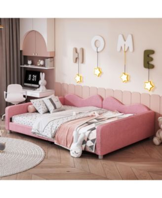 Full size Upholstered Daybed, Sherpa Fabric Sofabed with Cloud-Shaped Backrest, No Box-spring Needed