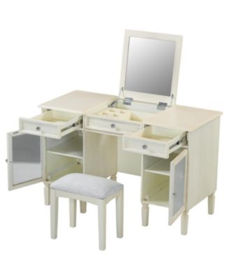 Vanity Desk Flip-Top Mirror Drawer Cabinet Oak