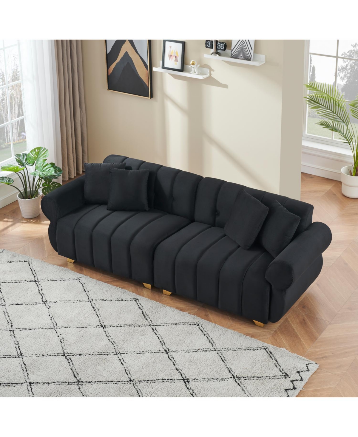 Streamdale Furniture 89" Flannelette Sofa Set w/ Metal Feet & Throw Pillows