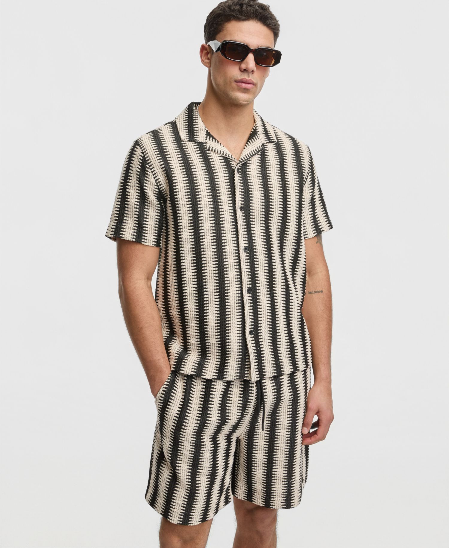 Mode of One Men's Relaxed-Fit Crochet Knit Short-Sleeve Camp Shirt
