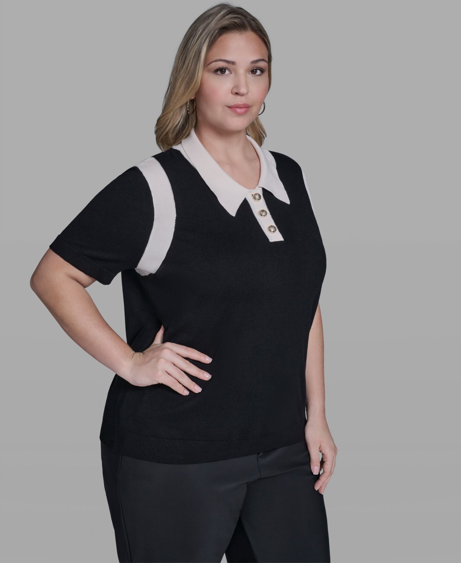 Plus Size Solid Short-Sleeve Polo Sweater