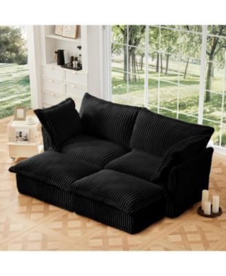 Black Corduroy 2-Seater Sofa with Ottomans