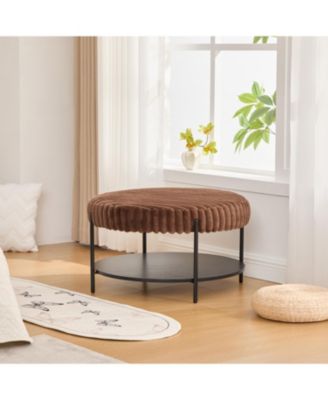 Upholstered Round Ottoman Coffee Table with Storage Shelf - Brown
