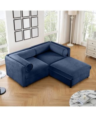 Blue Chenille 2-Seater Sofa with Ottoman Storage