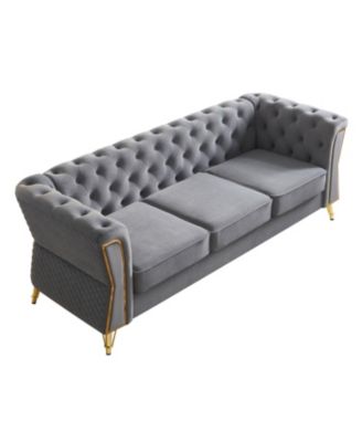 Modern Tufted Velvet Sofa 87.4 inch for Living Room Light Grey Color