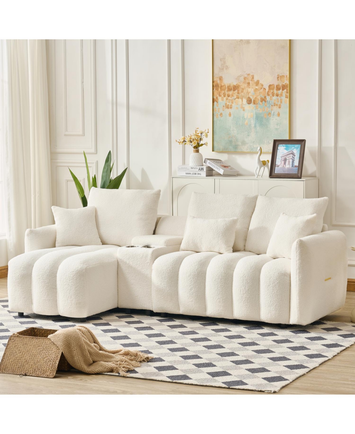 Streamdale Furniture 92" Teddy Fur Corner Sofa w/ Usb, Console & Table - Large Cushioned Sofa