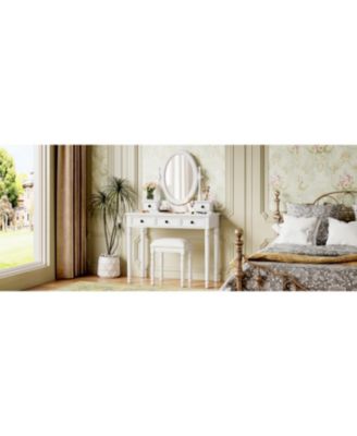 Streamdale Vanity Desk with Adjustable Mirror, Cushioned Stool & 5 Drawers - White