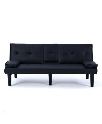 67" Black PVC Multifunctional Sofa Bed with Foldable Design & Cup Holder
