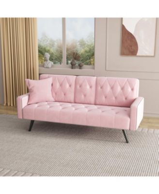 Pink Velvet Sofa Bed with Nailhead Trim & Cup Holders