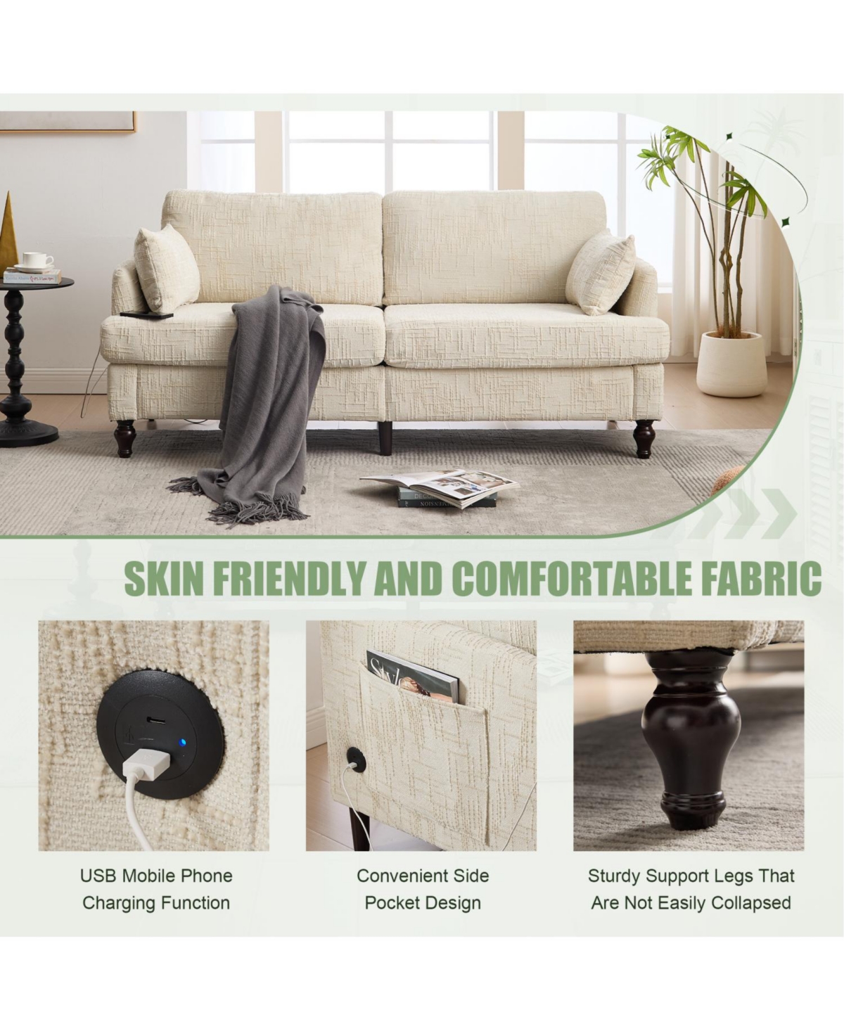 Streamdale Furniture Modern Chenille 2-Seater Sofa w/ Led