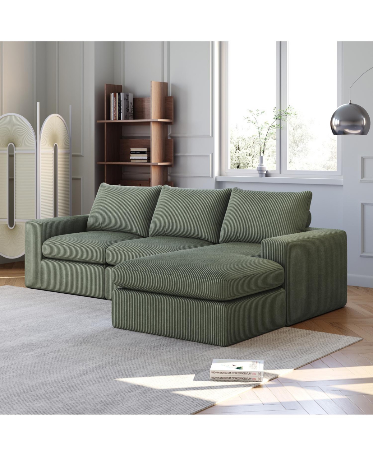 Streamdale Furniture 99" Corduroy Sectional Sofa with Chaise & 3 Pillows