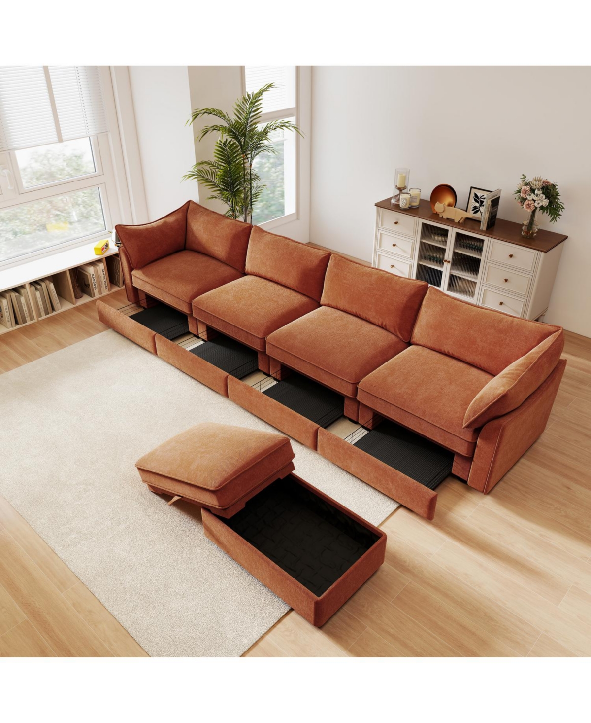 Streamdale Furniture L-Shaped 4-Seat Sectional Sofa w/ Ottoman, Crescent Arms, Chenille Orange