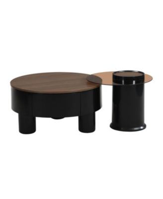 Round Nesting Coffee Table Set w/ Drawer, Black, Large- 27.56", Small- 19.69