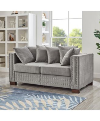 Modern Grey Velvet Loveseat with Silver Nailhead Trim