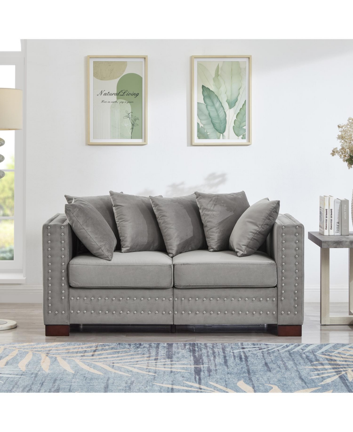 Streamdale Furniture Modern Grey Velvet Loveseat with Silver Nailhead Trim