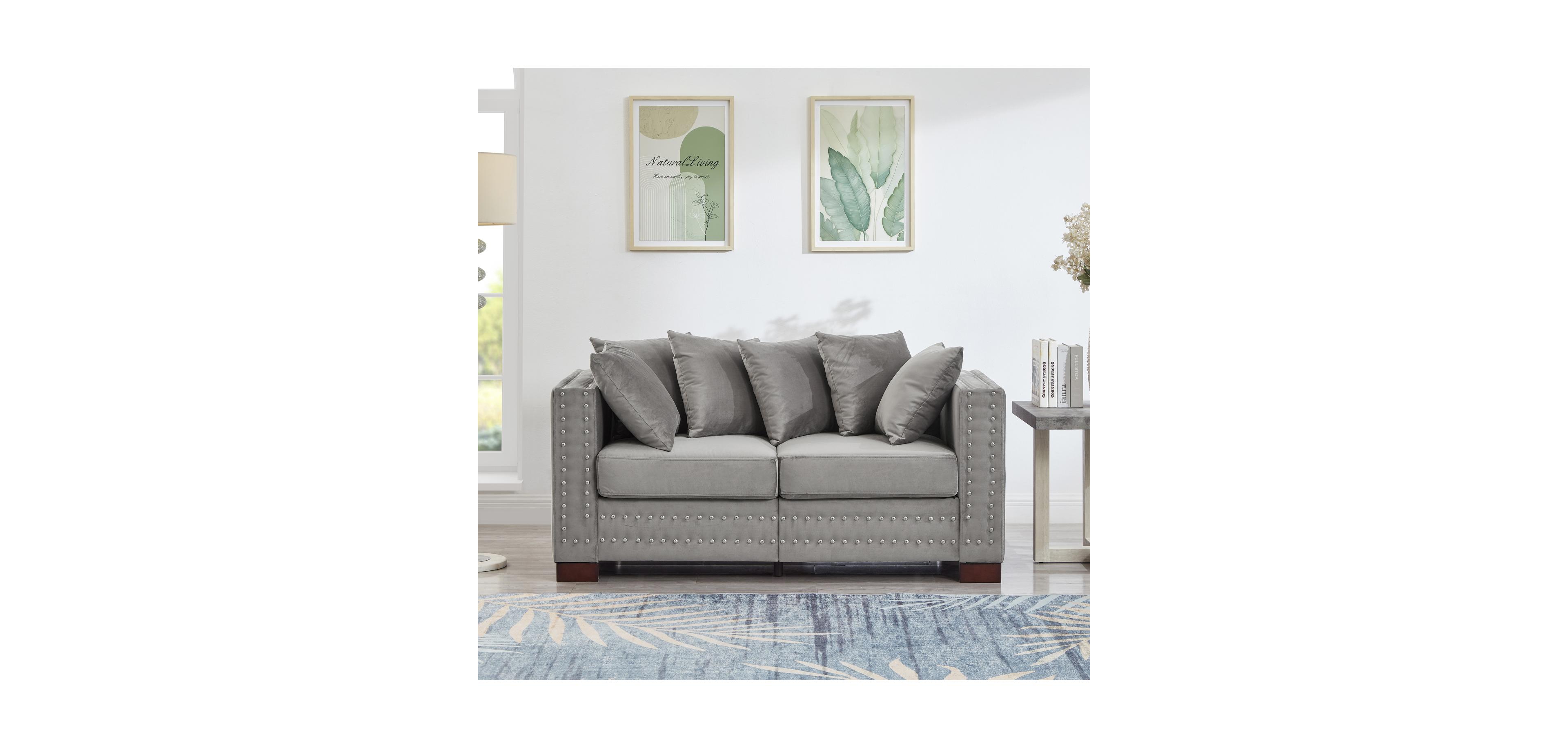Streamdale Furniture Modern Grey Velvet Loveseat with Silver Nailhead Trim