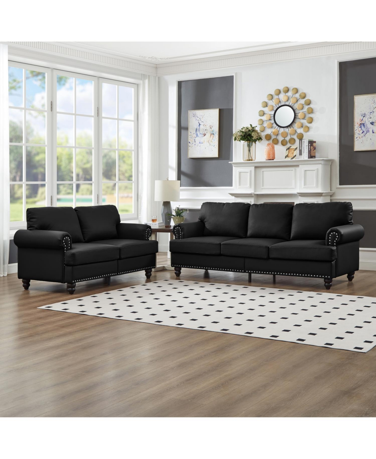 Streamdale Furniture Modern Classic Black Leather 2+3 Seater Sofa Set