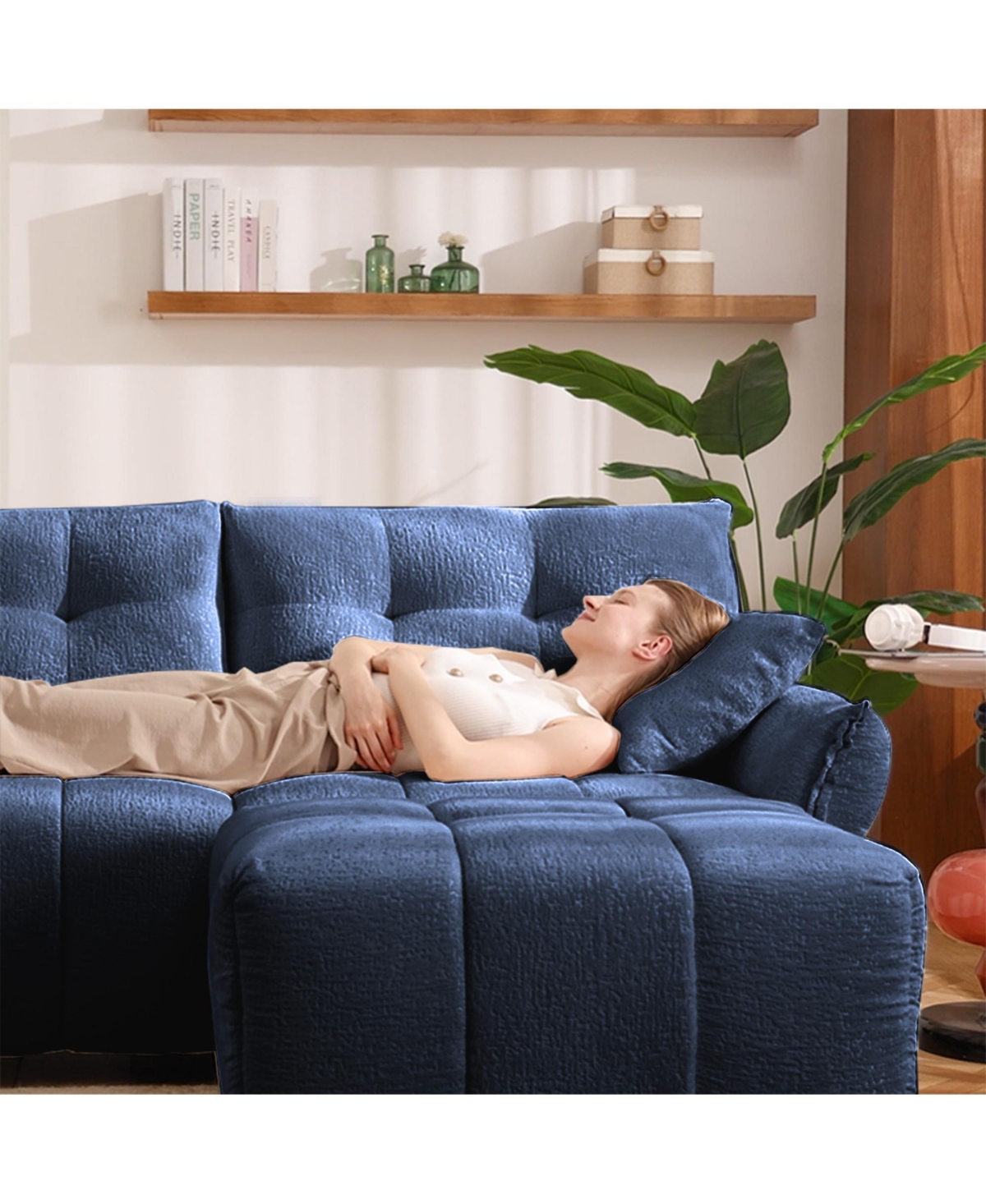 Streamdale Furniture Blue Chenille 3-Seater Sofa Set with Ottoman and Pillows