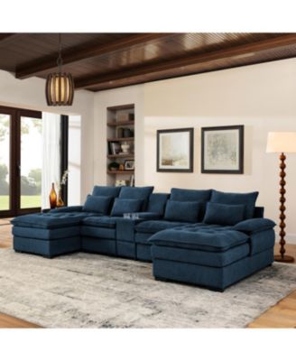 130" U-Shaped Sofa with Console, Cupholders, Sleeper & Chaise (Blue)