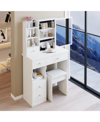 3-Piece Wood Vanity Table Set with Mirror, Stool & Storage