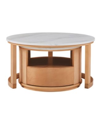  Round Marble Top Nesting Coffee Table, 2-Tier Storage, Drawer, Natural, 28.5"