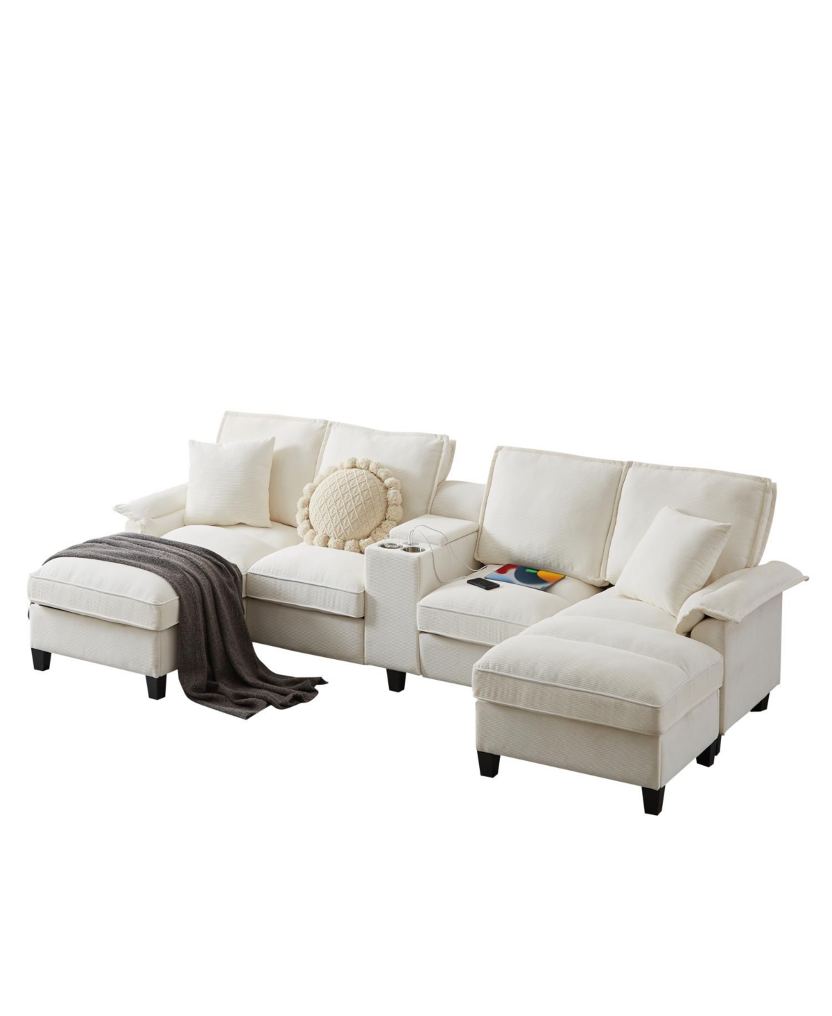 Streamdale Furniture 120" Corduroy Sectional Sofa Bed w/Storage, Cup Holders - Beige