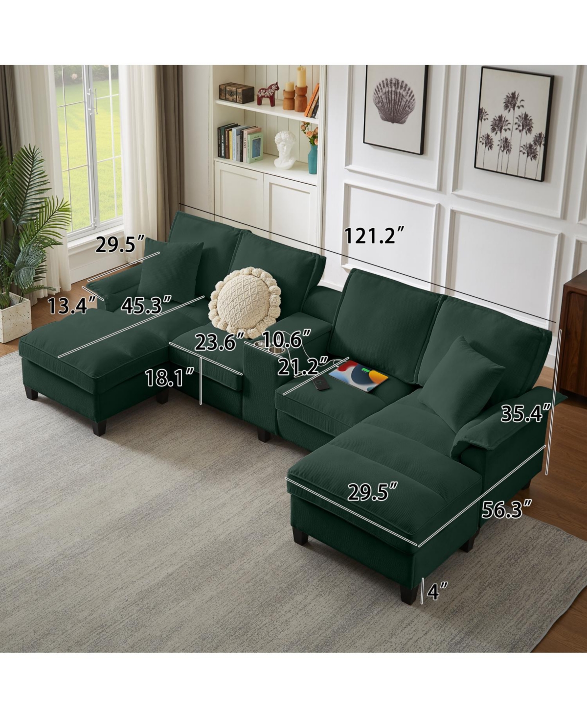 Streamdale Furniture 120" Corduroy Sectional Sofa Bed with Storage, U-Shape, Green