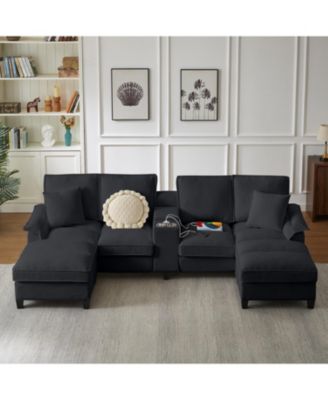 Corduroy Sectional Sofa Bed w/Storage, U-Shape, 4-Seater, Cup Holders