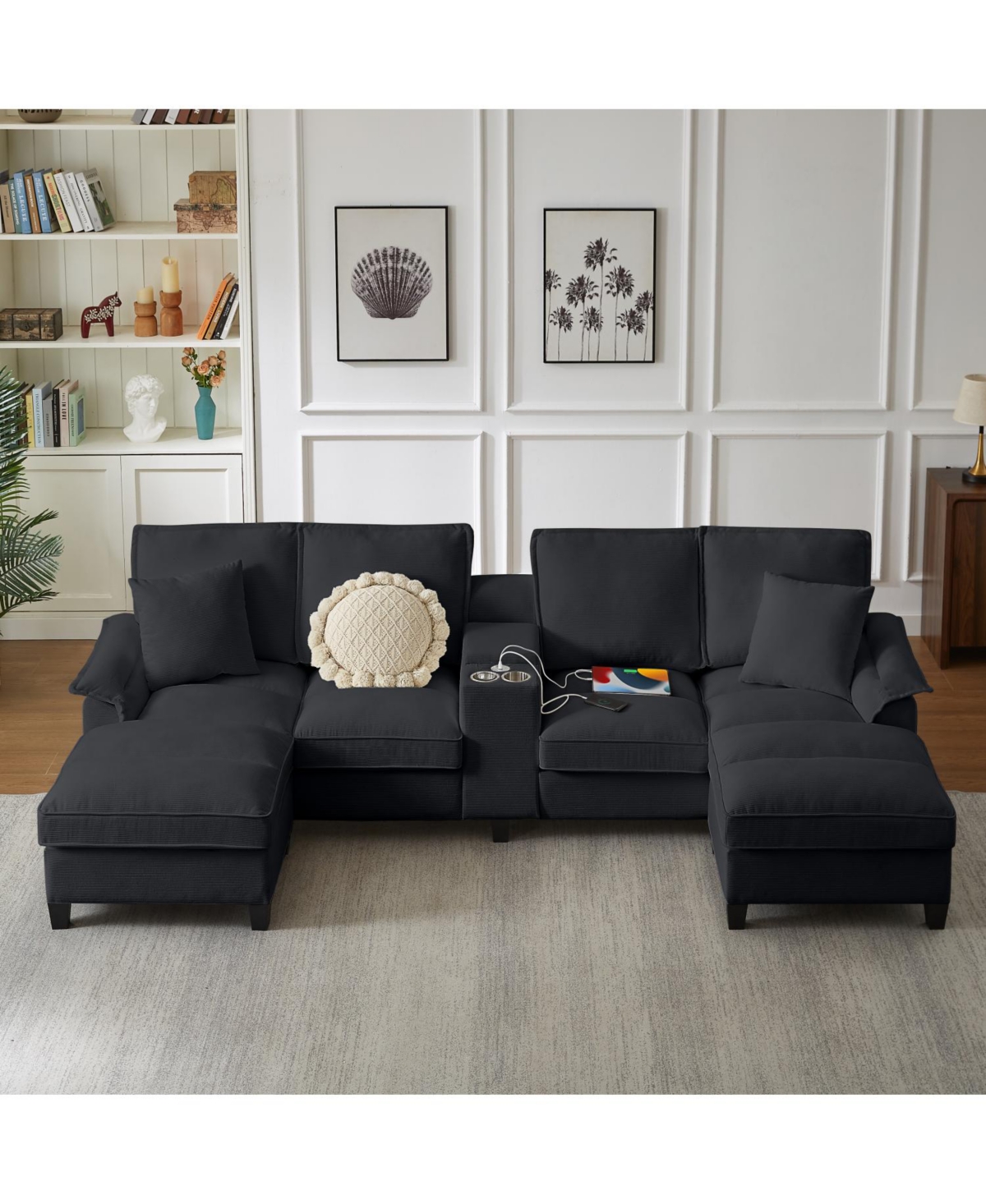 Streamdale Furniture Corduroy Sectional Sofa Bed w/Storage, U-Shape, 4-Seater, Cup Holders