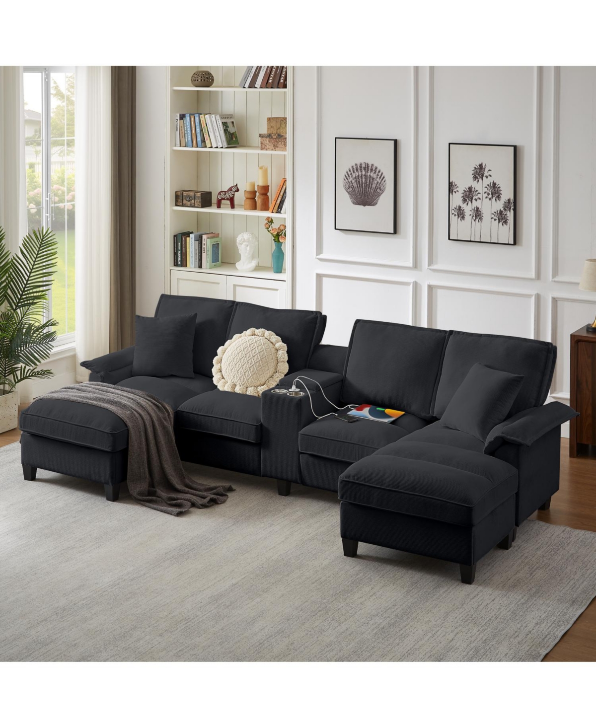 Streamdale Furniture Corduroy Sectional Sofa Bed w/Storage, U-Shape, 4-Seater, Cup Holders