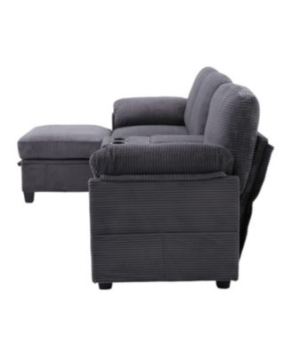 L-Shape Corduroy Sofa- 4-Seater, USB, Storage, Console & Ottoman