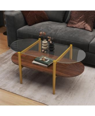 Oval Glass Coffee Table - Modern Design, Storage, 41x21x17