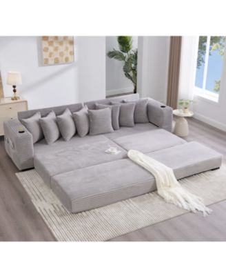 Corduroy L-Shaped Sectional Sofa w/ Ottoman, Pillows & Cup Holders - Light Gray