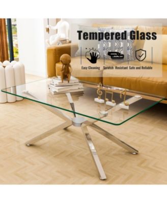 Streamdale 39" Clear Glass Coffee Table, Silver Metal Legs