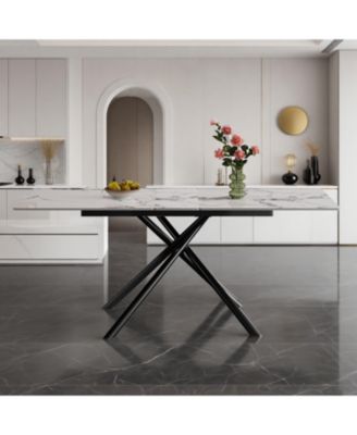 59" Modern Expandable Dining Table, Sintered Stone Top, Black X-Base