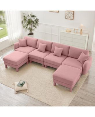 Streamdale Boucle U-Shape Sectional Sofa with Ottomans, Shell Arms, Pink