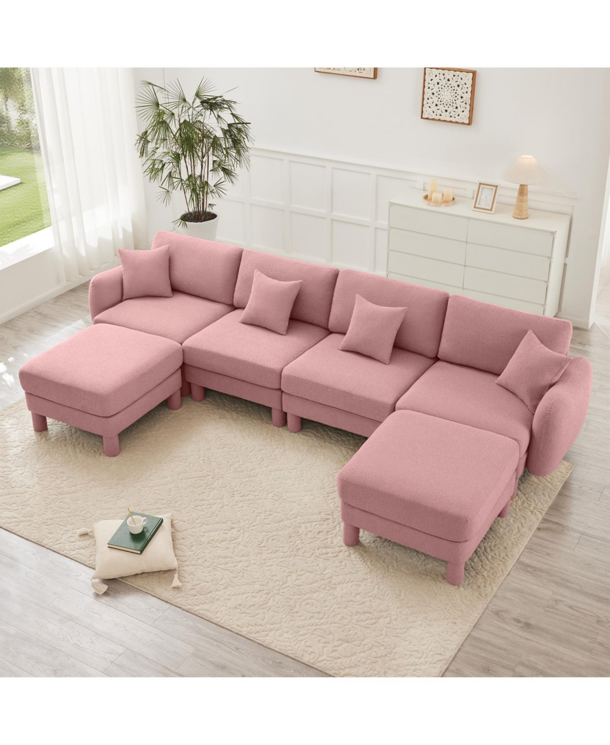 Streamdale Boucle U-Shape Sectional Sofa with Ottomans, Shell Arms, Pink
